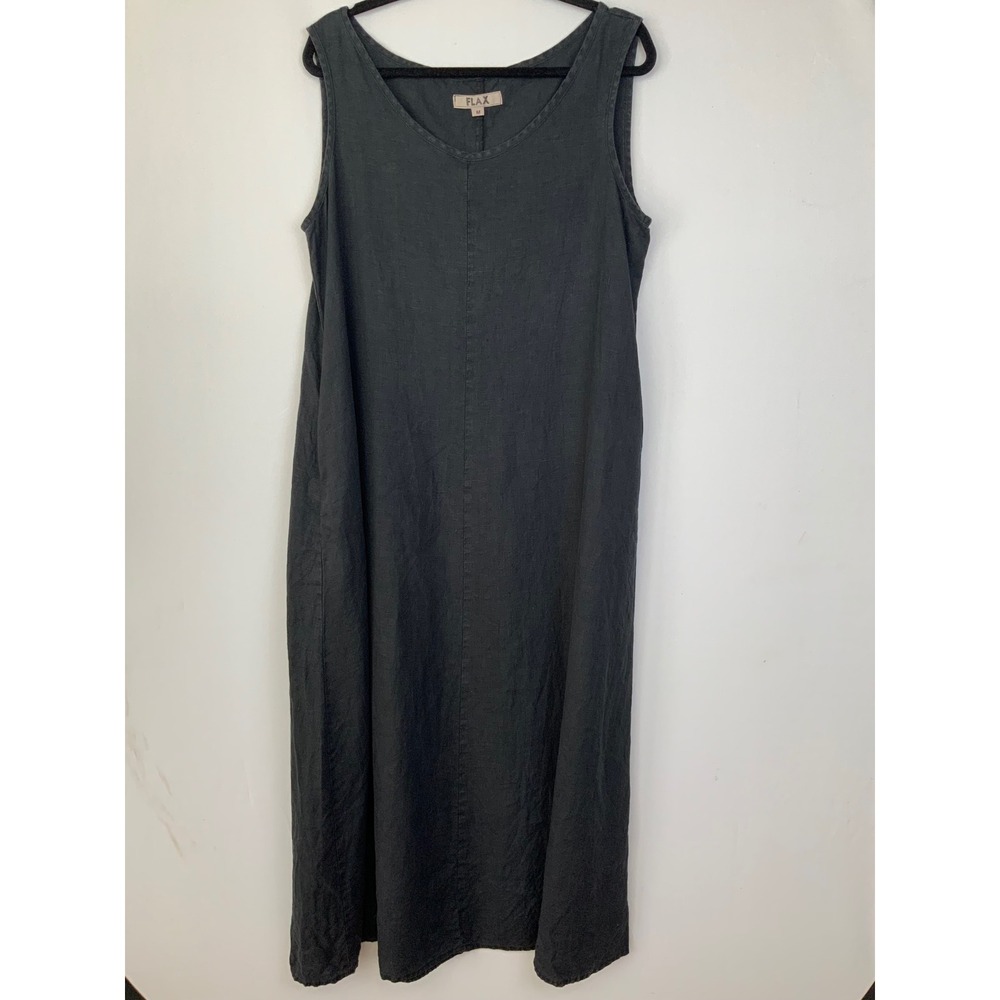 FLAX Linen Medium Black/Charcoal Scoop Neck Sleeveless Oversized Maxi Tent Dress